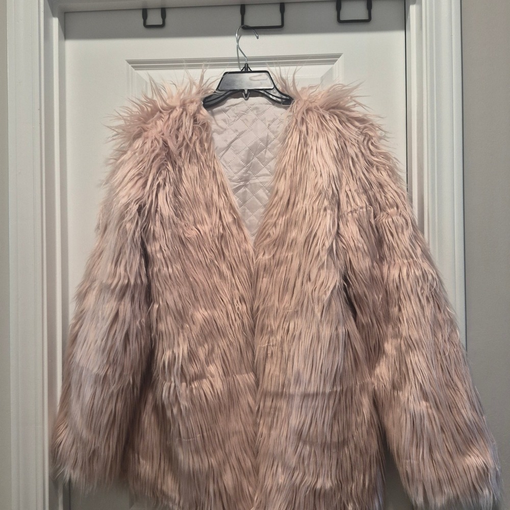 Womens Blush Pink Shaggy Faux Fur Coat Quilted Lining Open Front Jacket xxxl